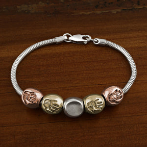 Pandora, Troll Bead, Chamilia or Lovelinks style snake bracelet with silver fingerprint bead, 9ct gold handprint beads and rose gold handprint beads