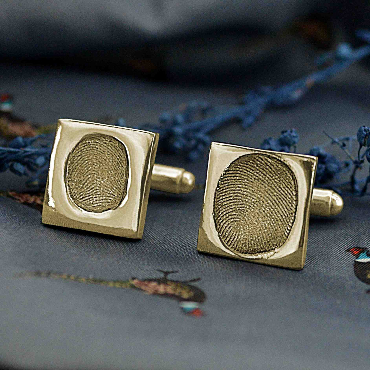 Two square shaped cufflinks in solid gold with two children's fingerprints | Adjustable Cufflink backs | Custom Personalised Gift | Sophia Alexander Fingerprint Jewellery | Handmade in Suffolk UK