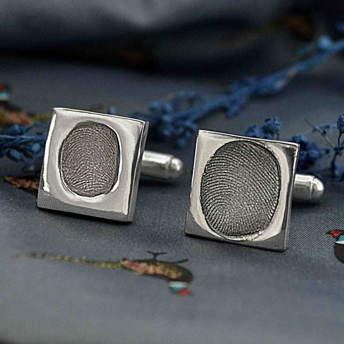 Two square shaped cufflinks in solid silver with two children's fingerprints | Adjustable Cufflink backs | Custom Personalised Gift | Sophia Alexander Fingerprint Jewellery | Handmade in Suffolk UK