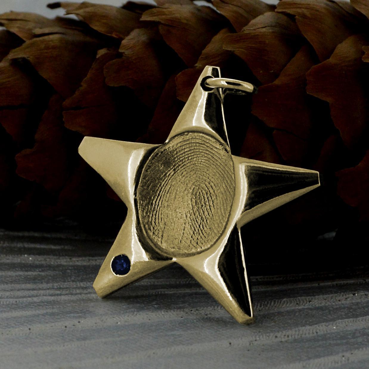 Solid Gold Star Necklace with real Fingerprint | Set with a Sapphire Gemstone - Birthstone for September | Personalised Necklace | Sophia Alexander Fingerprint Jewellery | Handmade in Suffolk UK