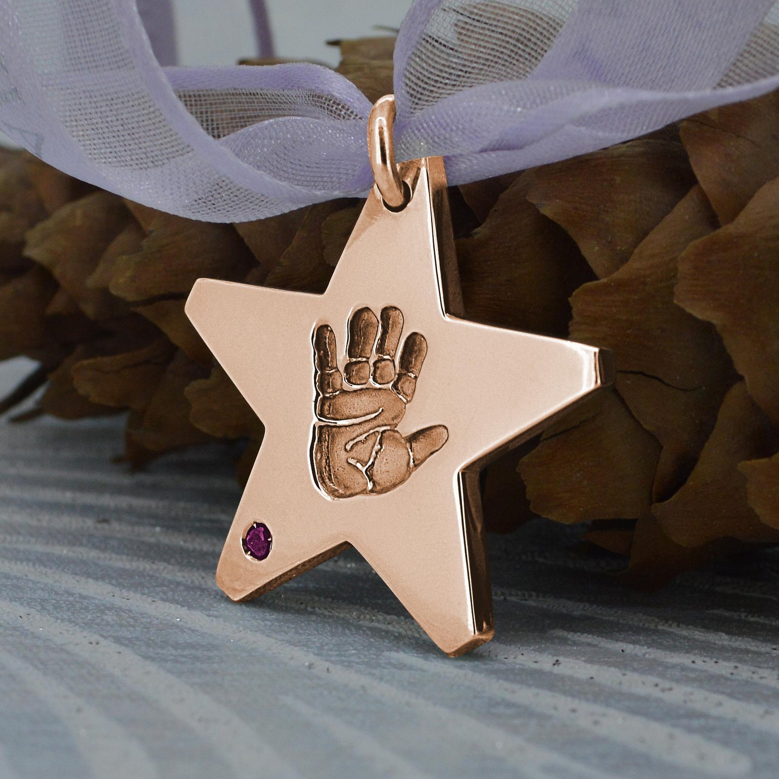 Large star shaped baby Handprint Necklace in rose gold | Pink Tourmaline gemstone - birthstone for October | Personalised Necklace | Sophia Alexander Fingerprint Jewellery | Handmade in Suffolk UK