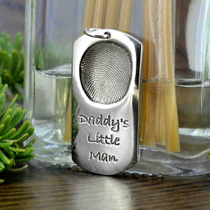 Solid Silver dog tag pendant with real child's fingerprint | Engraved with Daddy's Little Man | Personalised Necklace | Sophia Alexander Fingerprint Jewellery | Handmade in Suffolk UK