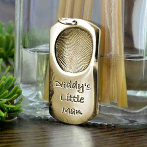 Solid Gold dog tag pendant with real child's fingerprint | Engraved with Daddy's Little Man | Personalised Necklace | Sophia Alexander Fingerprint Jewellery | Handmade in Suffolk UK
